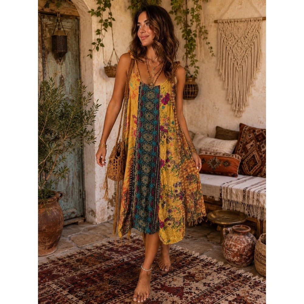 Farm Rio Boho Mixed Print Patchwork Dress Sz XS Sleeveless Boho Festival Artsy